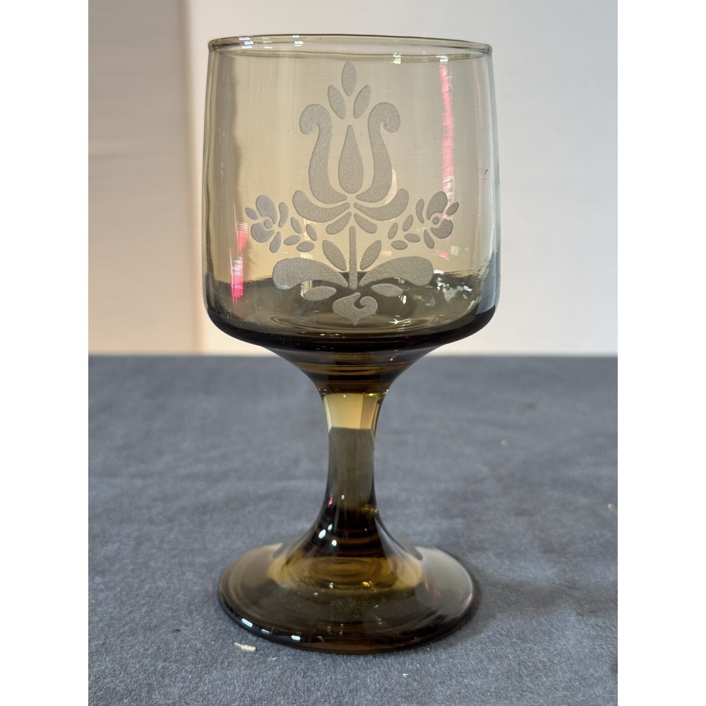 Vintage Pfaltzgraf Amber Glass Stemmed Goblet Tulip Etching Barware